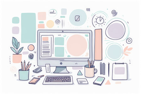 A modern workspace setup with a computer and various office supplies for digital designの素材