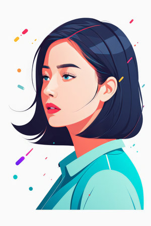A contemporary stylized profile of a young woman with dark hair and vibrant colorsの素材