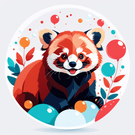A cheerful red panda surrounded by colorful balloons and bubbles in a festive settingの素材