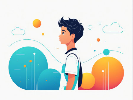 A modern illustration of a young boy looking ahead with clouds and colorful circles in the backgroundの素材