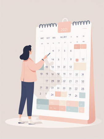 A woman planning her activities for a year using a large wall calendar in 2021の素材