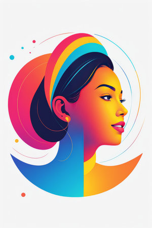 A stylized illustration of a womans profile with colorful abstract backgroundの素材