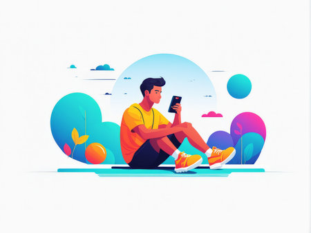 A colorful digital illustration of a person with a mobile phone amidst an abstract backgroundの素材
