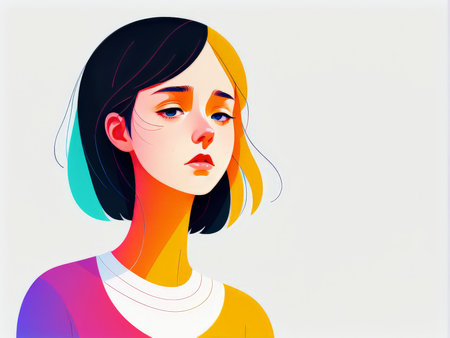 A stylized illustration of a young woman with contrasting colors on her face and clothingの素材