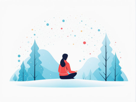 A person meditating in a serene snowy landscape during winterの素材