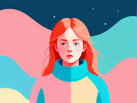 A stylized illustration of a young woman against a backdrop with flowing colors and celestial bodiesの素材