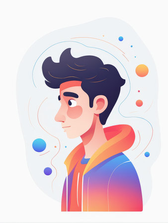 A young man in a colorful hoodie stands out against an abstract background of circlesの素材