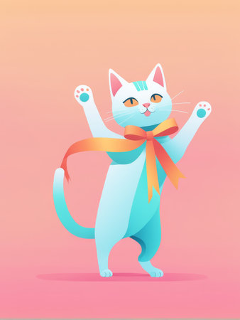 A playful animated cat in a joyful pose with colorful accessoriesの素材