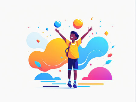 A cheerful child playing with colorful balls against a dynamic backgroundの素材