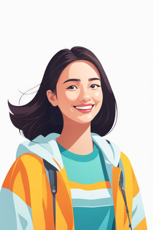 A cheerful woman in a colorful jacket stands confidently with flowing hairの素材