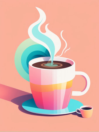 A stylized illustration of a steaming cup of coffee in an abstract settingの素材