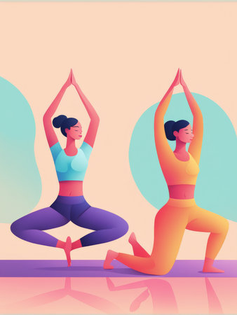 Two women practicing yoga poses in a colorful settingの素材