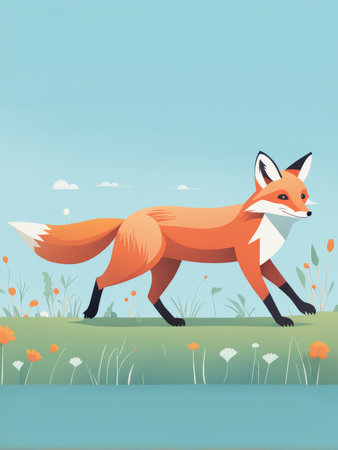 A cheerful fox running through a colorful meadow under a clear skyの素材