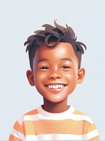 A cheerful young boy in a striped shirt against a plain backgroundの素材