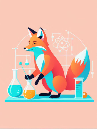 A cartoon fox conducting a chemistry experiment with blue and orange liquids in test tubesの素材