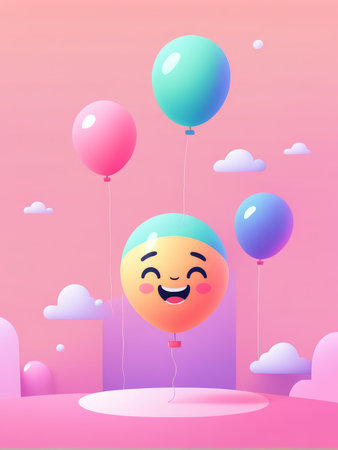 A cheerful emoji floating with colorful balloons against a pastel pink backgroundの素材