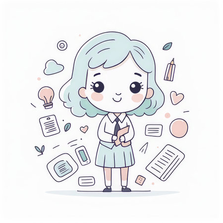 A cartoon depiction of an enthusiastic student surrounded by educational iconsの素材