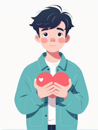 A cartoon illustration of a person holding a red heartshaped object with affectionの素材