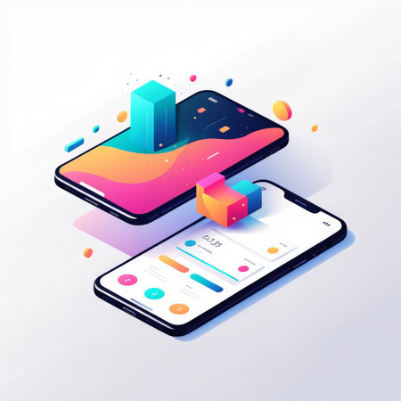 Two smartphones with dynamic colorful interfaces and graphical elementsの素材