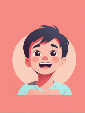 A cheerful cartoon boy with a pink backgroundの素材