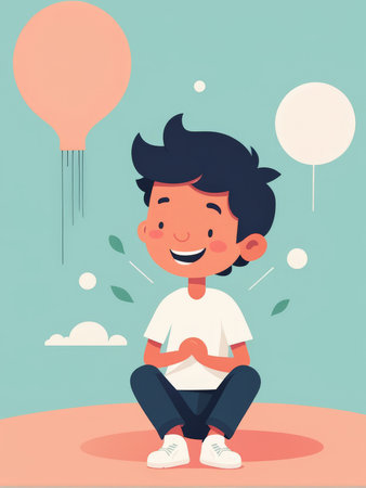 A cheerful child sits with balloons on a simple pastel backgroundの素材