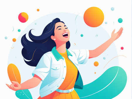 An animated figure radiates joy and energy amidst a whimsical array of floating orbsの素材