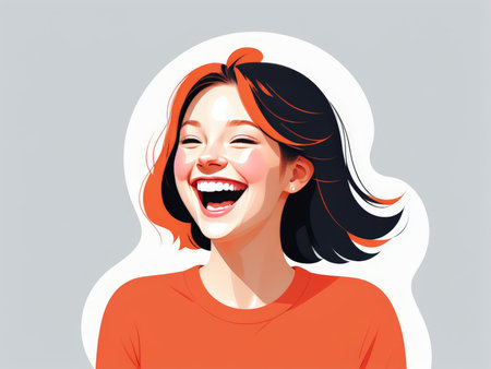 An animated illustration of a happy woman laughing with an orange backgroundの素材