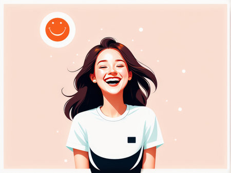 A smiling woman with flowing hair under a cheerful sun in an abstract illustrationの素材