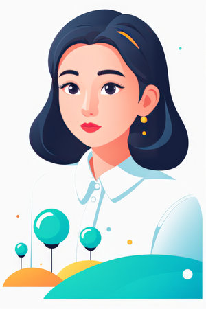 An animated female character with a thoughtful expression and professional attireの素材