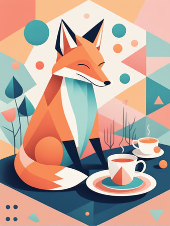 A stylized fox enjoying a teatime with abstract geometric backgroundの素材