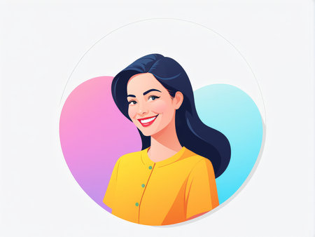 A cheerful young woman with dark hair and a yellow blouse in an illustrated styleの素材