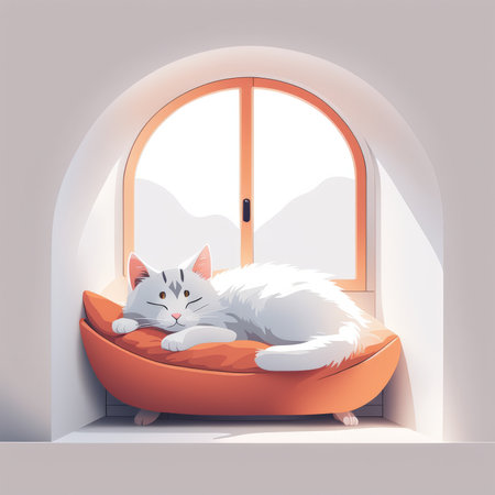 A serene white cat resting on a cushion in an arched windowの素材