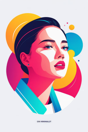 A stylized portrait of a woman against an abstract colorful backgroundの素材