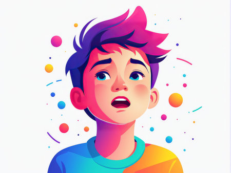 A young individual expressing surprise or excitement with vivid colors and dynamic linesの素材