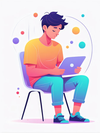 A young individual engaged in digital work on a laptopの素材