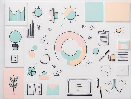 A collection of various businessrelated icons and tools on a white background with pastel accentsの素材