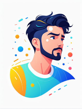 A digital illustration of a man in casual attire with abstract colorful dots and linesの素材