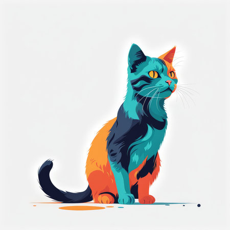 A stylized cat with blue and orange fur is seated against a light backgroundの素材