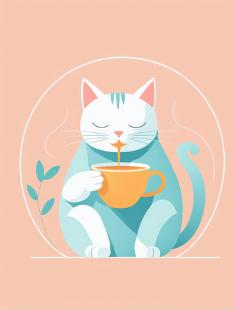 A serene illustration of a cat enjoying teaの素材