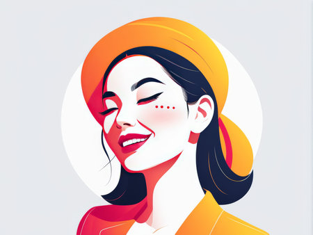 A cheerful woman with a joyful expression and colorful attire in an artistic illustrationの素材