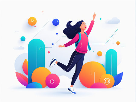 A lively depiction of a woman in motion celebrating or jumping with joyの素材