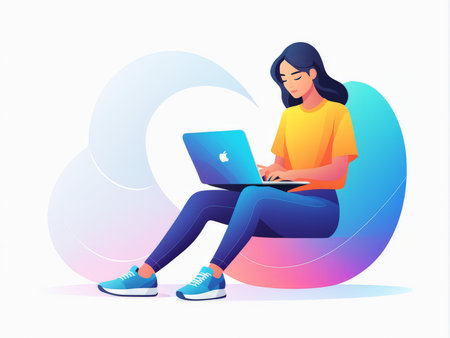 A woman using a laptop in a modern and colorful settingの素材