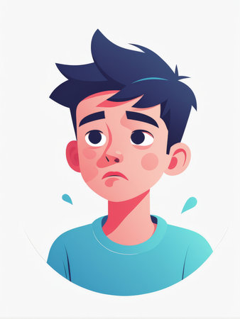 A sad animated character with dark hair and a blue shirt against a plain backgroundの素材