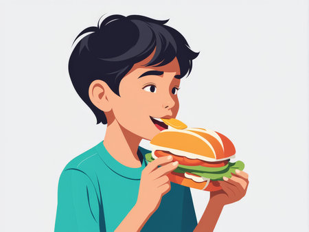 Boy eating a hamburger. Vector illustration in a flat style.の素材