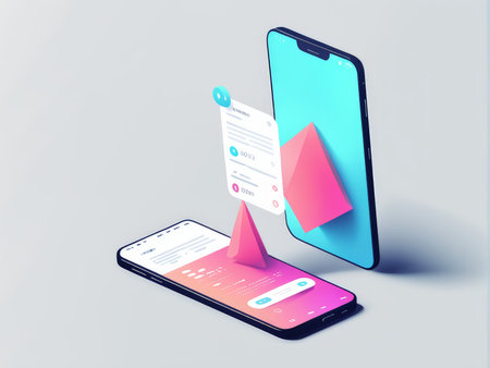 A modern digital interface displayed on a dualscreen device with colorful geometric shapesの素材