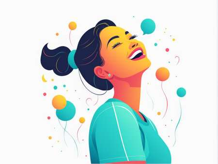 A joyful woman with colorful balloons exuding positivityの素材