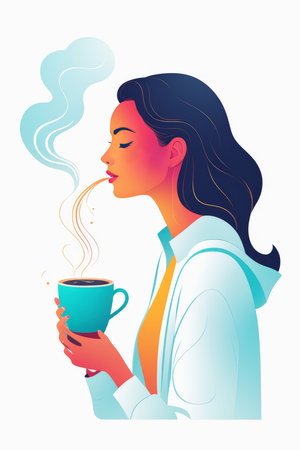 A woman enjoys a warm beverage outdoors with a serene ambianceの素材