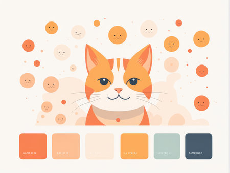 A colorful illustration of a cat with cheerful orange circlesの素材