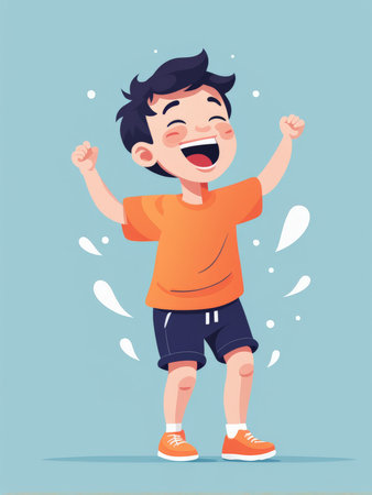 A young boy in a joyful pose after exercisingの素材