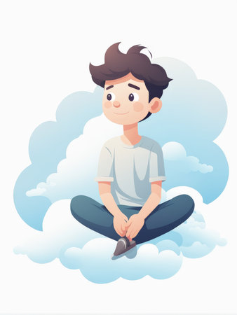 A young boy meditating in a cloudlike settingの素材
